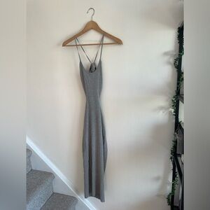Hera Collection Grey Knit Strappy Backless Sexy Fitted Minimalist Maxi Dress